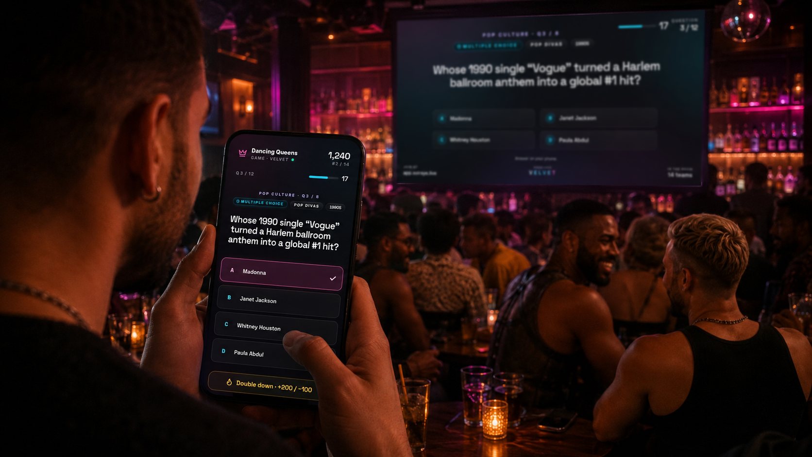 A packed gay bar mid trivia night — a regular up front holding his phone with the Soiraye trivia question and his team's score, the same music question up on the bar TV behind him, the room leaned in playing along.