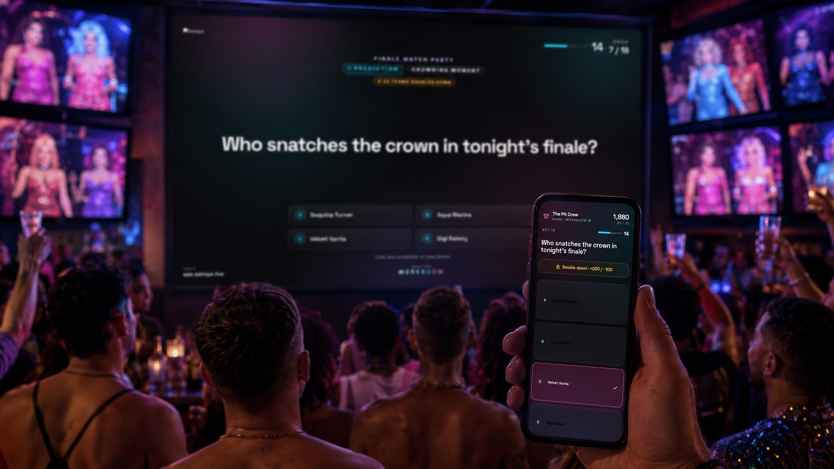 A gay bar packed for a finale watch party — a wall of TVs with the live prediction 'Who snatches the crown in tonight's finale?' and the options, the crowd watching together, a regular making his call on his phone.