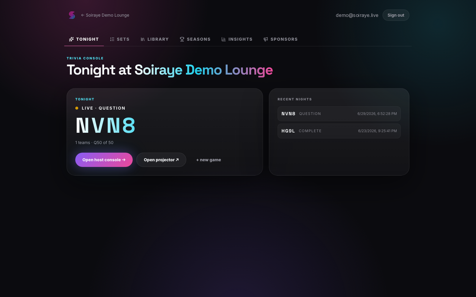 Venue dashboard branded for the venue — tonight's live game 'Pop Divas & Drag' with its join code and in-room counts, launch buttons for the host console and projector, a list of recent nights with winners, and a season insights panel with attendance, returning rate, and standings.
