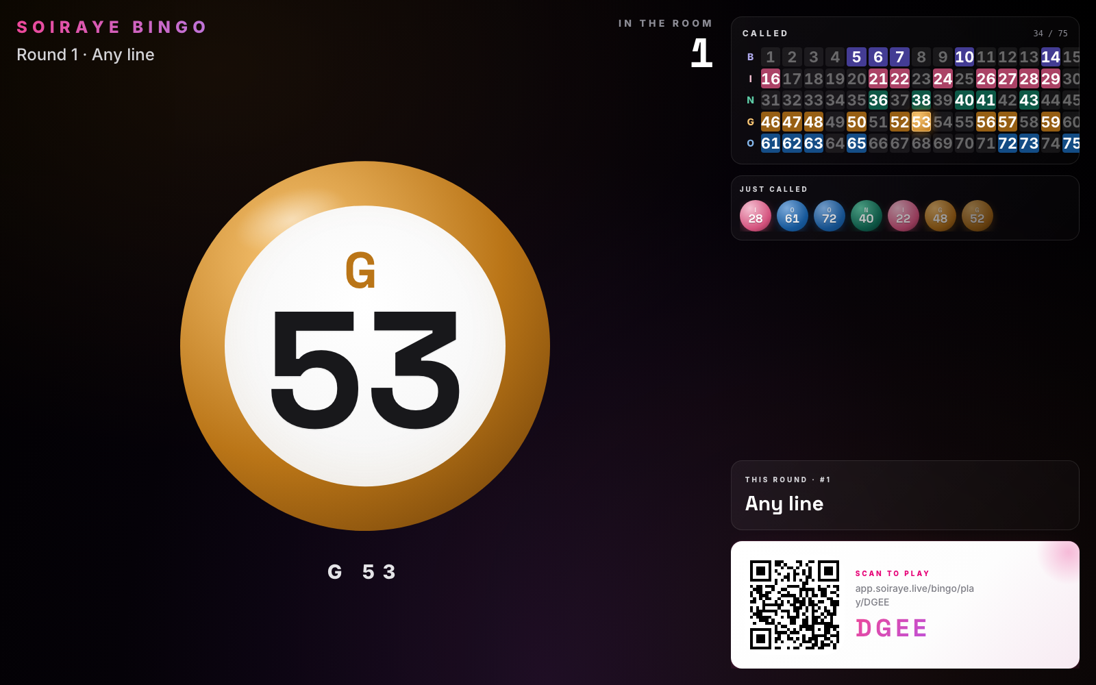 Soiraye bingo projector — Round 2, four corners, six in the room. The latest ball (N 32) front and center, the full called grid top right, a row of recent-call balls, the round prize, and a scan-to-play QR with the join code.