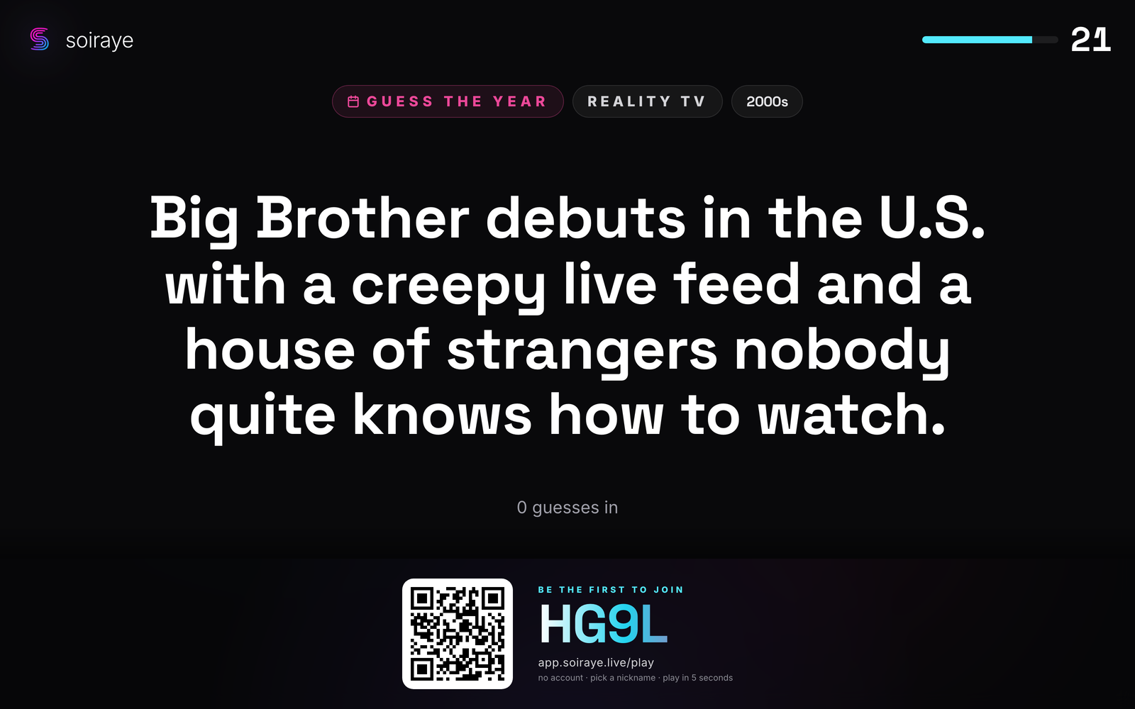 The Channel running on its own — a Guess-the-Year reality-TV question about Big Brother's US debut, a countdown timer, and a be-the-first-to-join QR with the play link.