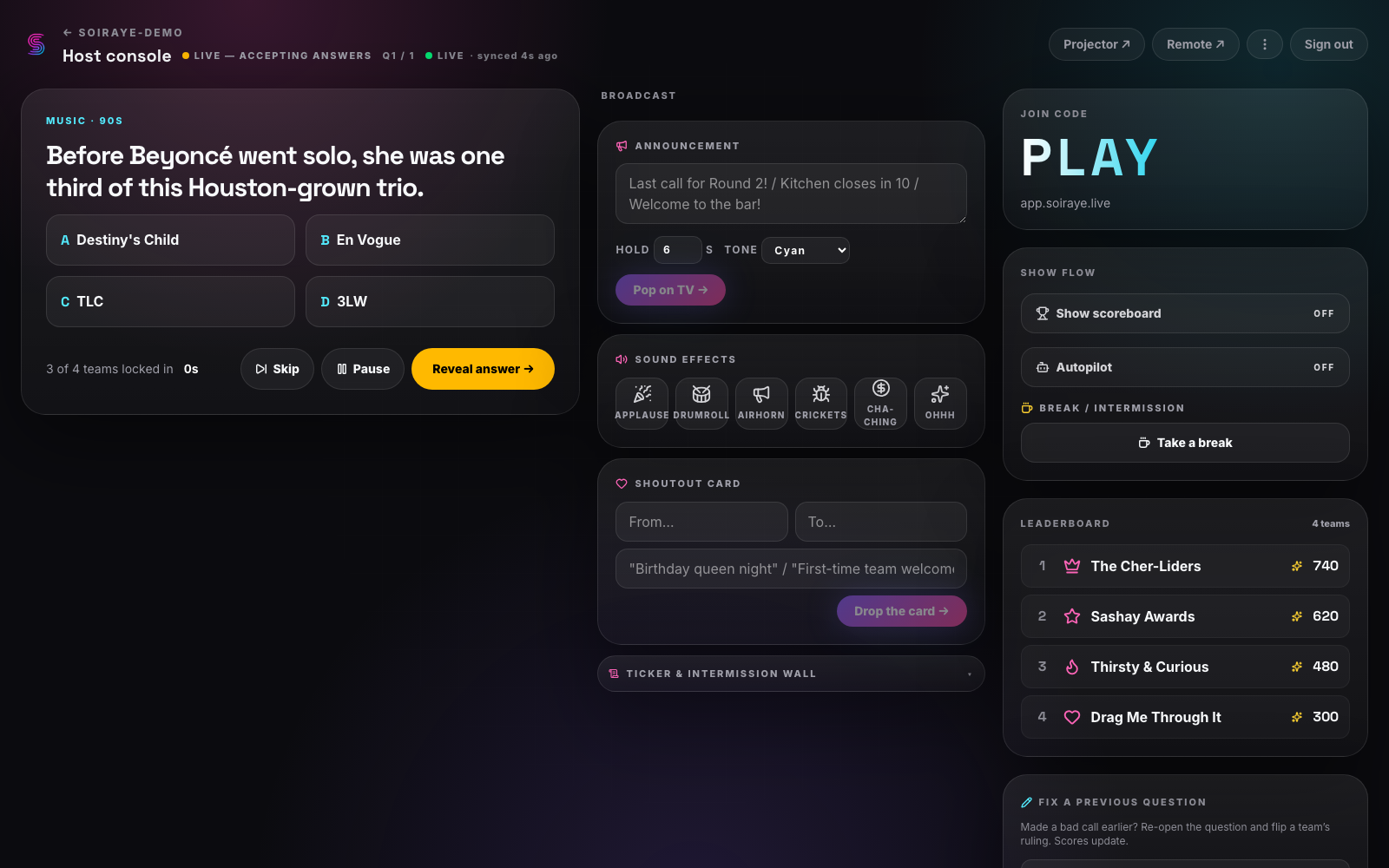Trivia host console on a laptop — the live question with its four choices and a log of which teams locked in, reveal and skip controls, a broadcast panel with sound effects and shout-outs, and the live leaderboard down the side.