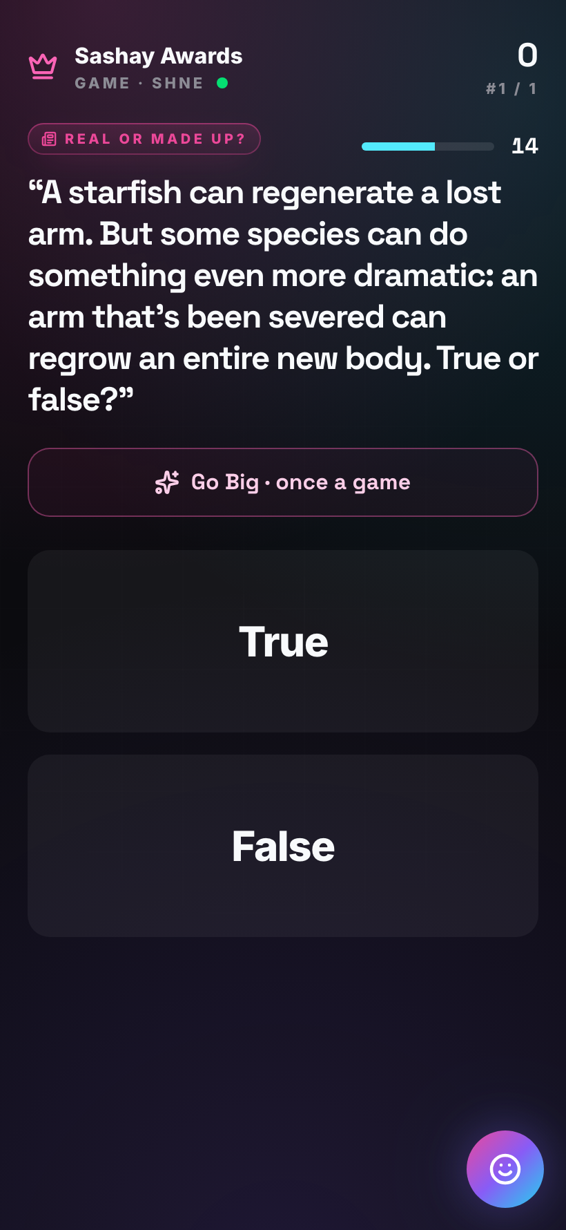 Trivia player phone mid-game — team name and score up top, a music question, four lettered answer choices with 'Someone Like You' selected and checked, and a 'locked in' note.