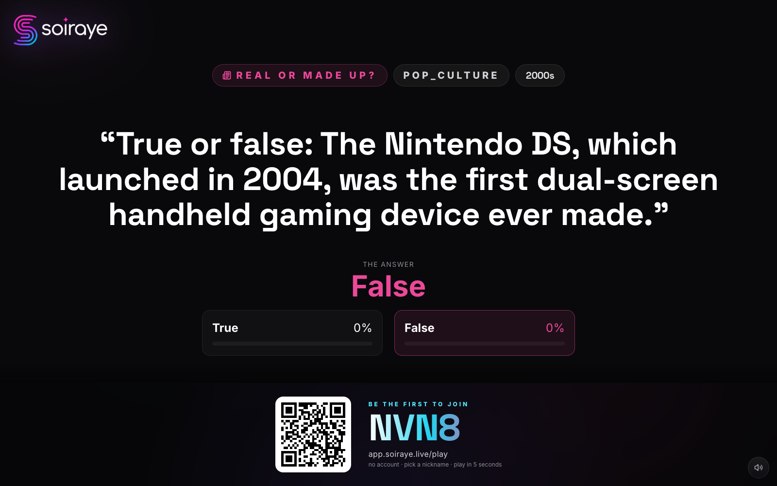 Trivia projector reveal — the answer 'Destiny's Child' big and centered, a '9 of 12 got it' count, the team who answered first, a hot-streak callout, the question, an editorial note, and a four-way answer tally with the correct choice highlighted green.