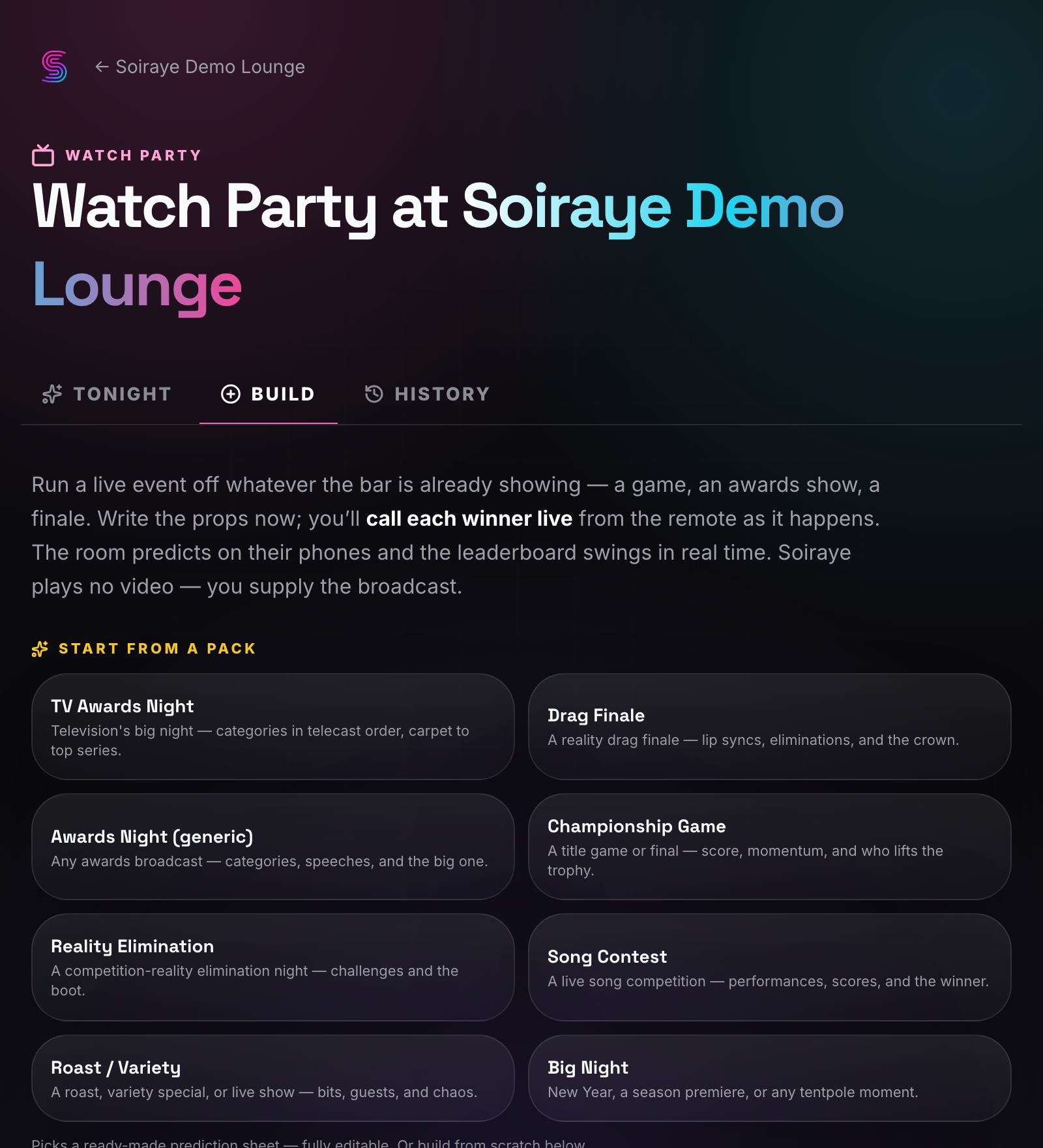 Watch Party builder — the Build tab with 'Start from a pack' showing eight ready-made packs (TV Awards Night, a drag finale, the championship, a song contest and more), each fully editable.