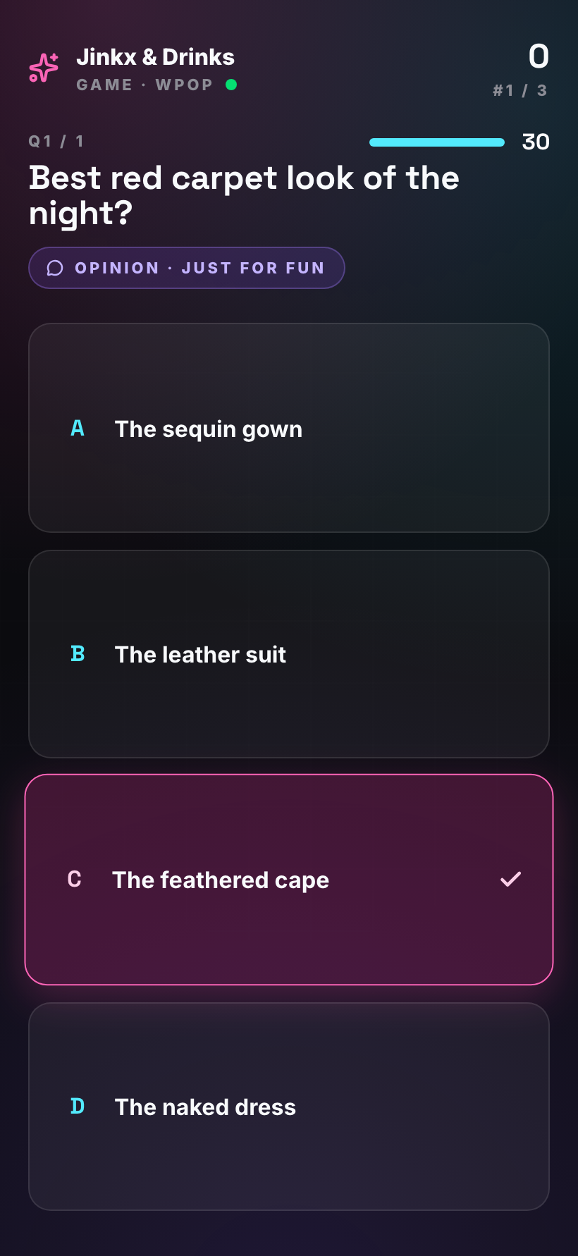 Watch Party opinion poll on a phone — 'Best red carpet look of the night?' tagged 'Opinion · just for fun', with options to vote and no scoring.