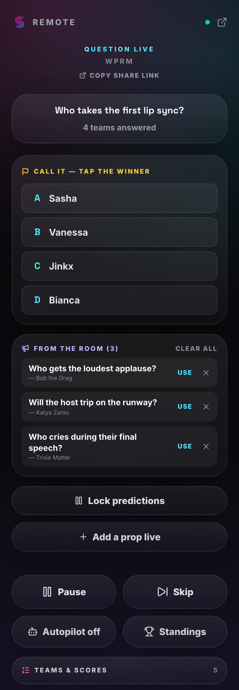 Watch Party host remote — 'Call it, tap the winner', a 'From the room' queue of crowd-pitched props to approve, plus lock predictions and add a prop live, from the host's phone.